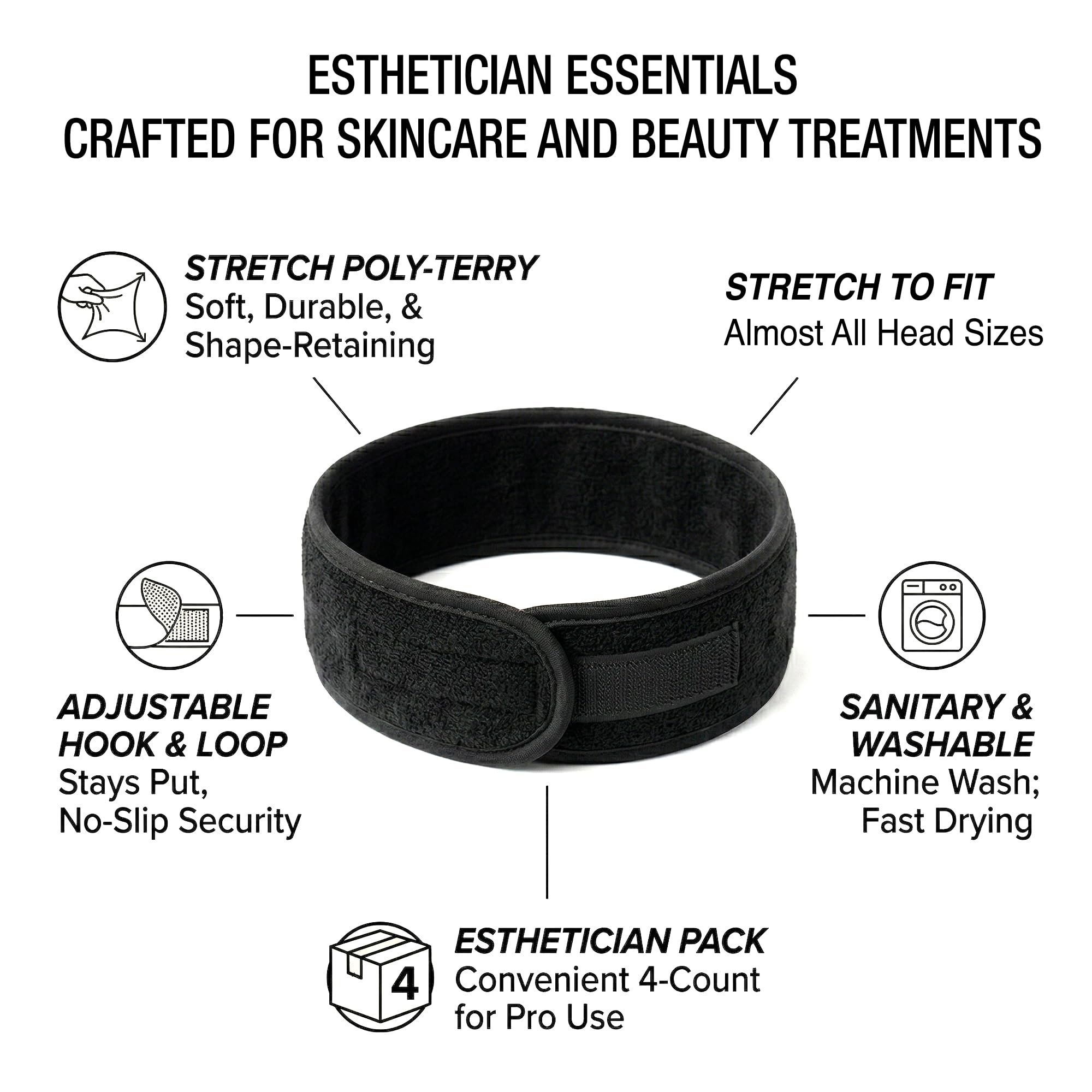 Appearus Spa Facial Headband Stretch Terry Cloth Hair Wraps with Hook and Loop Closure for Salon and Esthetician Use 4 Count Black