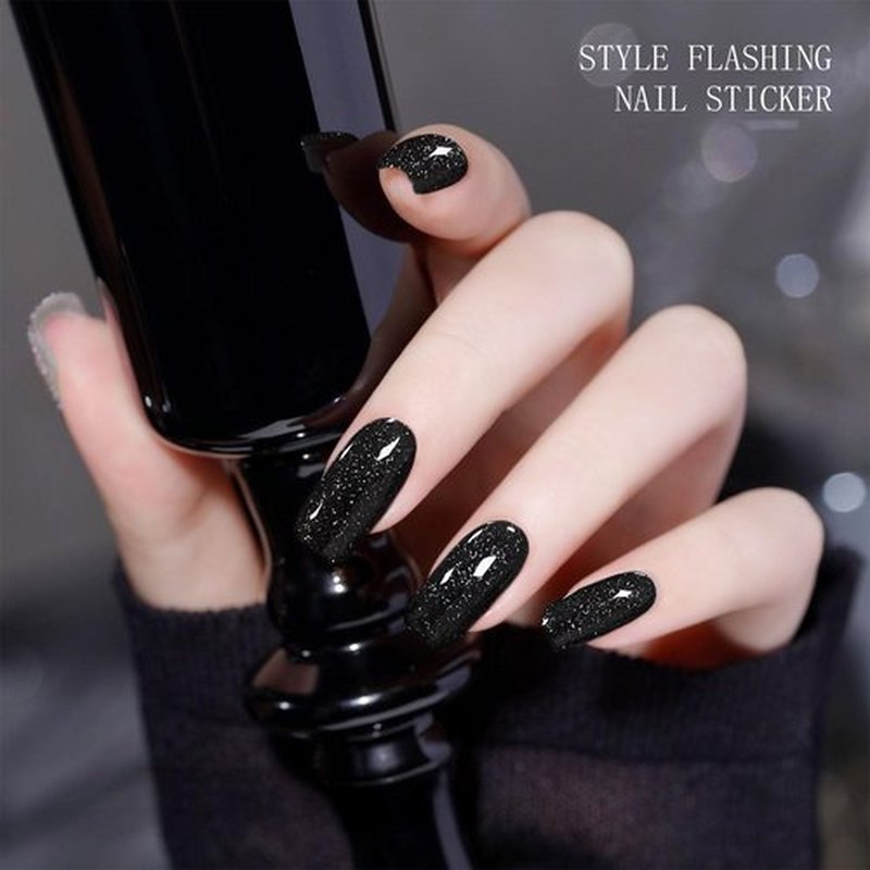 JMEOWIO Gel Nail Stickers Black Glitter Halloween Semi Cured Gel Nail Strips Wraps UV/LED Nails Art Design Decoration Accessories