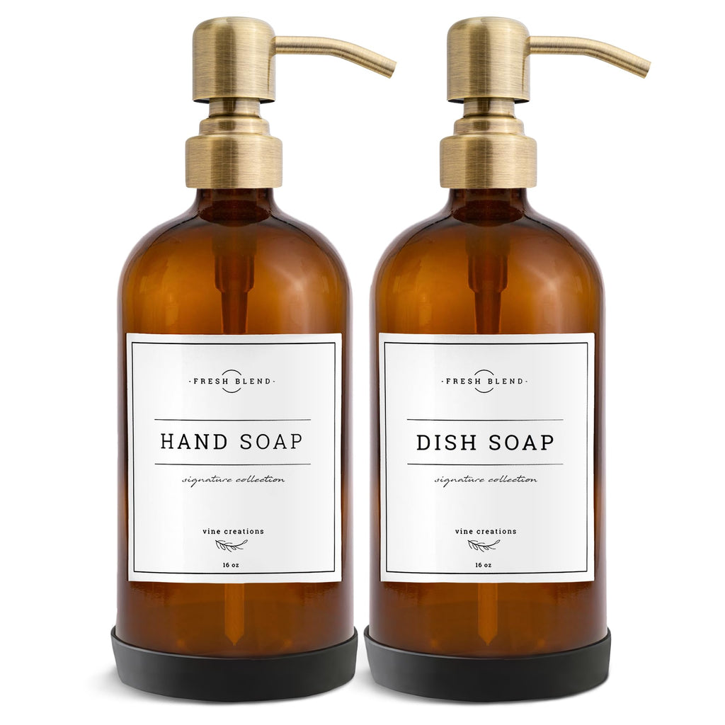Vine Creations Amber Glass Soap Dispenser, 2 Pack Kitchen Soap Dispenser Set with Stainless Steel Pump, 16 oz Dish Soap and Hand Soap Dispensers for Bathroom with Waterproof Labels and Protective Pads