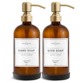Vine Creations Amber Glass Soap Dispenser, 2 Pack Kitchen Soap Dispenser Set with Stainless Steel Pump, 16 oz Dish Soap and Hand Soap Dispensers for Bathroom with Waterproof Labels and Protective Pads