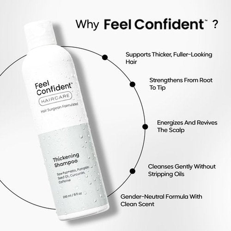 Feel Confident Thickening Shampoo – Hair Surgeon Formulated with Saw Palmetto, Pumpkin Seed Oil, Caffeine & Turmeric for Thinning & Fine Hair for Men & Women, Supports Hair Density & Growth 8oz/240 mL