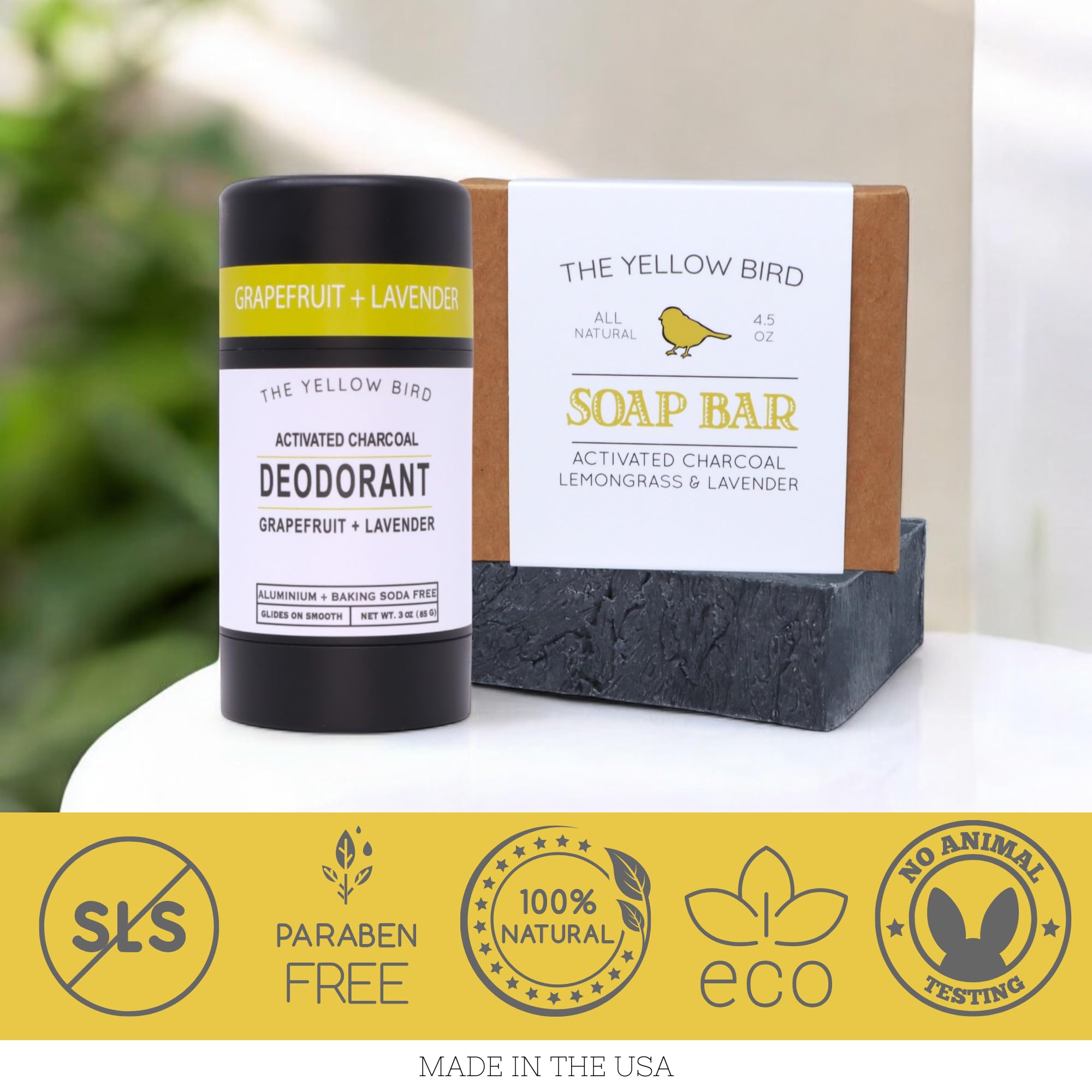 The Yellow Bird Natural Charcoal Deodorant + Armpit Bar Soap Bundle – Aluminum & Baking Soda Free, Vegan, Organic Ingredients – Magnesium for Underarm Pit Detox & Odor – For Sensitive Skin