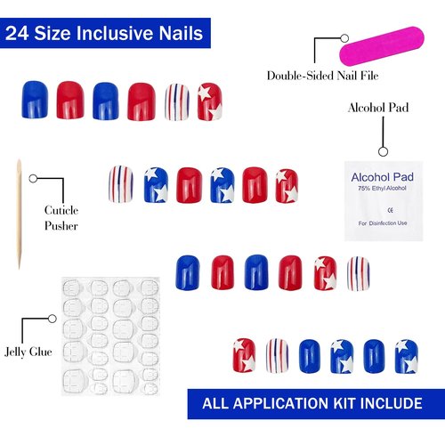 4th of July Press on Nails Extra Short Square OFDNE Patriotic Fake Nails Cute False Nails with Stars Stripes Designs Glossy Glue on Nails White Blue Red Acrylic Nails for Women Girls 24Pcs