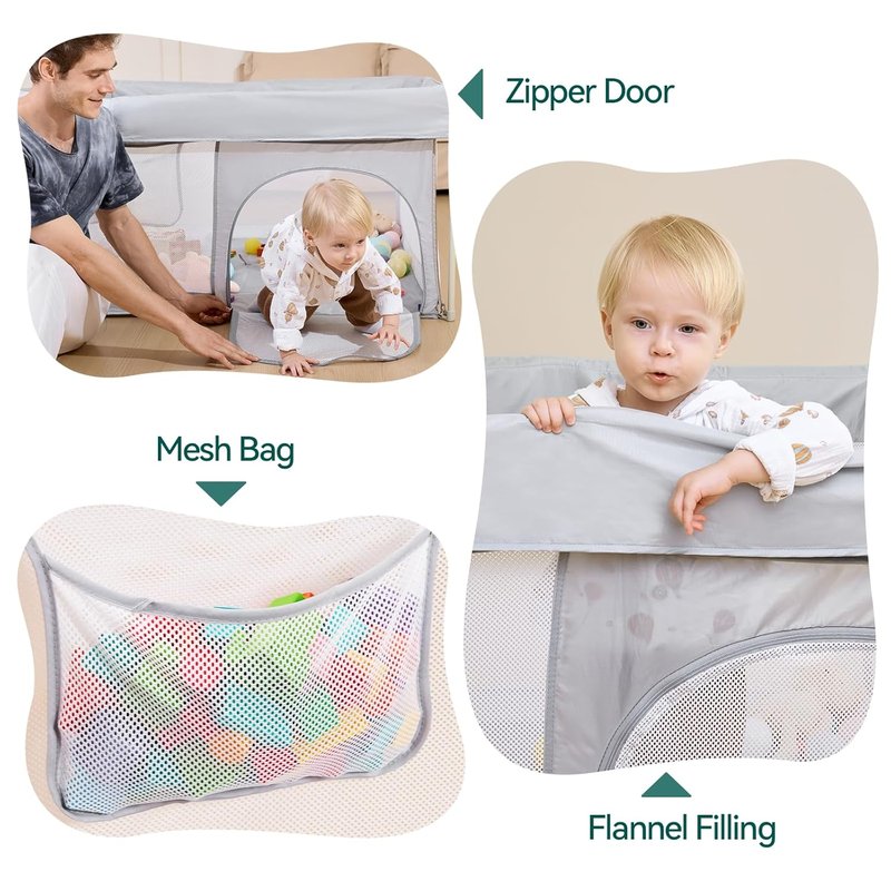 Babelio Foldable Baby Playpen - Portable 54.5" × 54.5" Playard with Mat | Indoor & Outdoor Safety Fence, Grey
