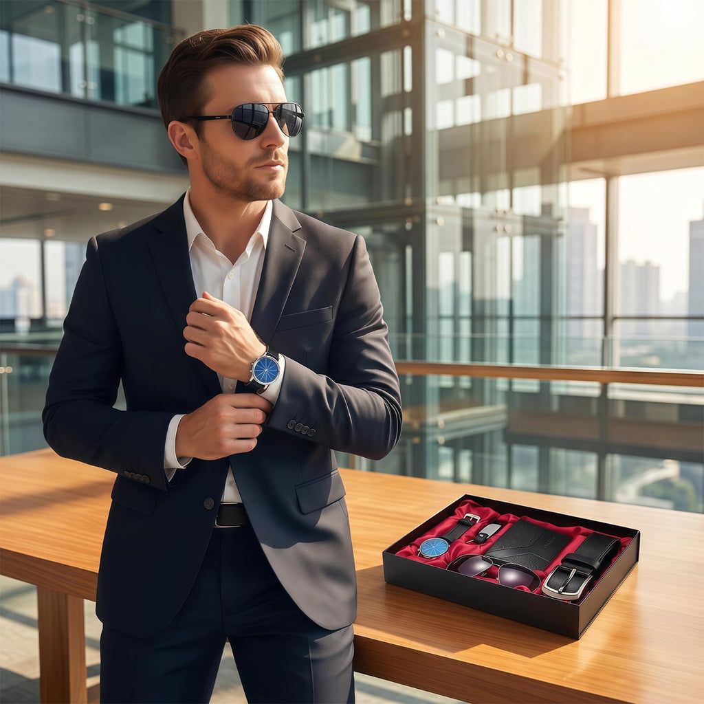 6-Piece Black Men's Set - Sunglasses, Wallet, Watch, Belt, Pen, Key Ring