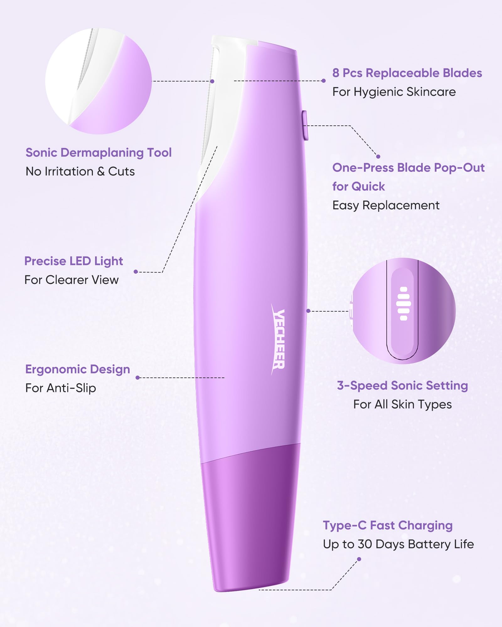 Yecheer Dermaplane Razor for Women Face, Sonic Dermaplaning Tool for Smooth & Flawless Skin, Dead Skin & Peach Fuzz Gentle Remover, Electric Facial Hair Removal with LED Light&8 Refill Blades, Purple