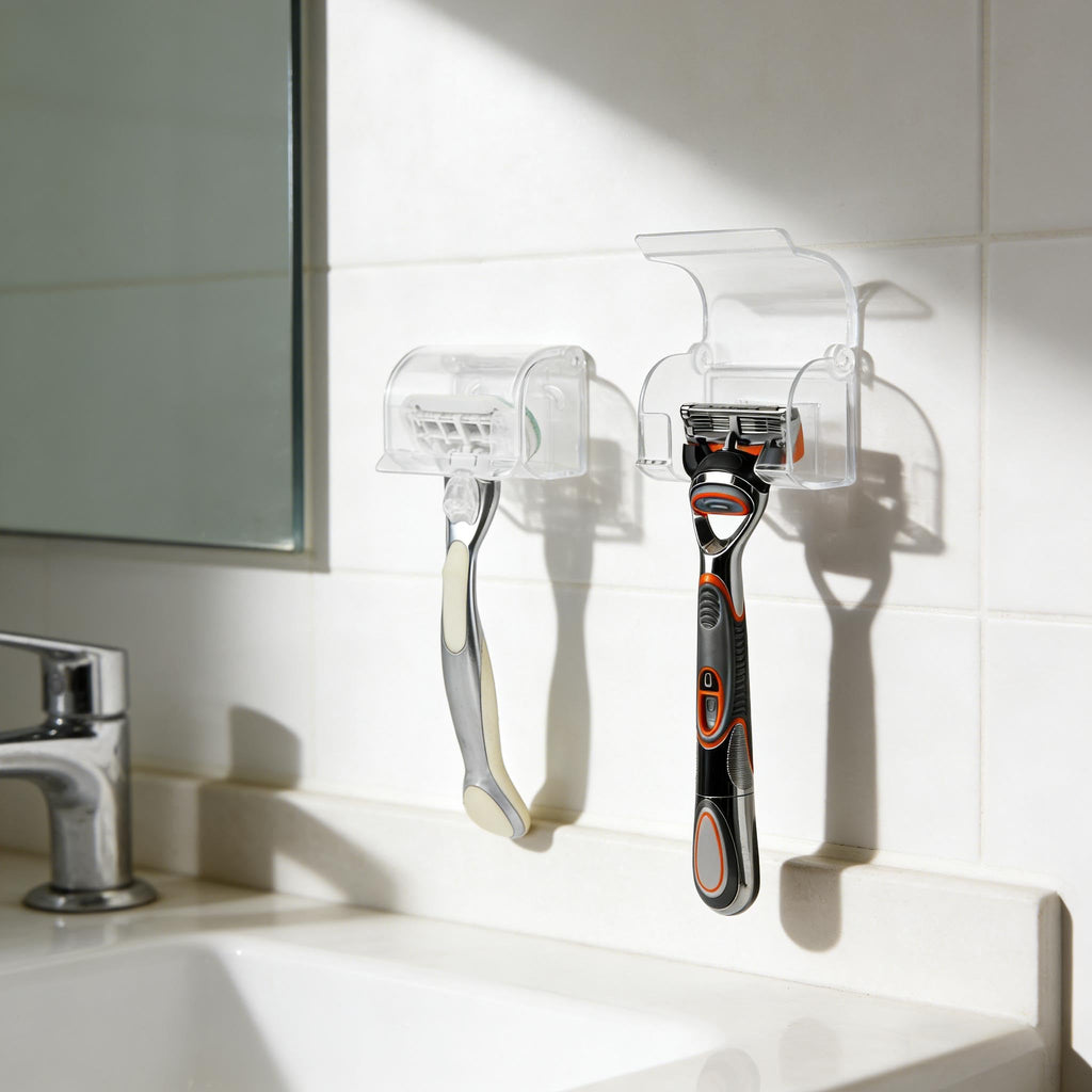 LUEXBOX 2 Pack Razor Holder with Cover for Shower Wall, Self Adhesive Razor Stand Shaver Organizer, Plastic Razor Hanger Hooks Compatible with Fusion 5 Proglide, Mach 3 Classic (Clear)