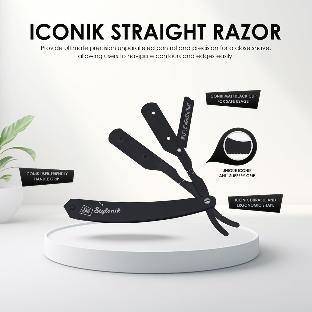 Stylonik Professional Straight Edge Barber Razor – 60 Single/30 Double-Sided Stainless Steel Blades for Men & Women, with Leather Case (Matt)