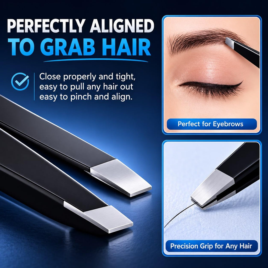 UM Supplies Tweezers Set 4 in 1 Pack l Professional Stainless Steel Tweezers for Eyebrows l Great Precision for Facial Hair, Splinter and Ingrown Hair Removal (Black)