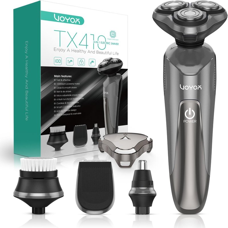 VOYOR Electric Razor for Men - Cordless Rechargeable Shaver for Wet/Dry Use | Waterproof TX410 - Grey