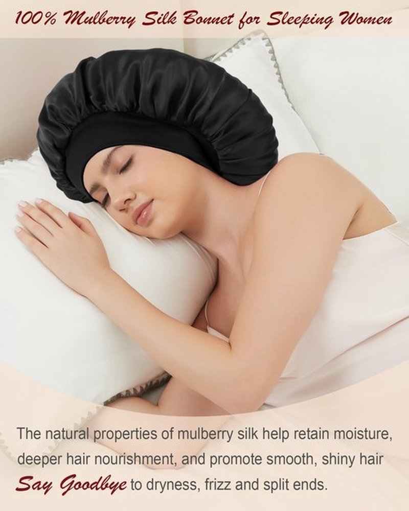 100% Mulberry Silk Bonnet for Sleeping Women, Real Pure Silk Hair Bonnets for Women Sleeping, Double Layer Sleep Cap with Soft Elastic Band for Curly Hair