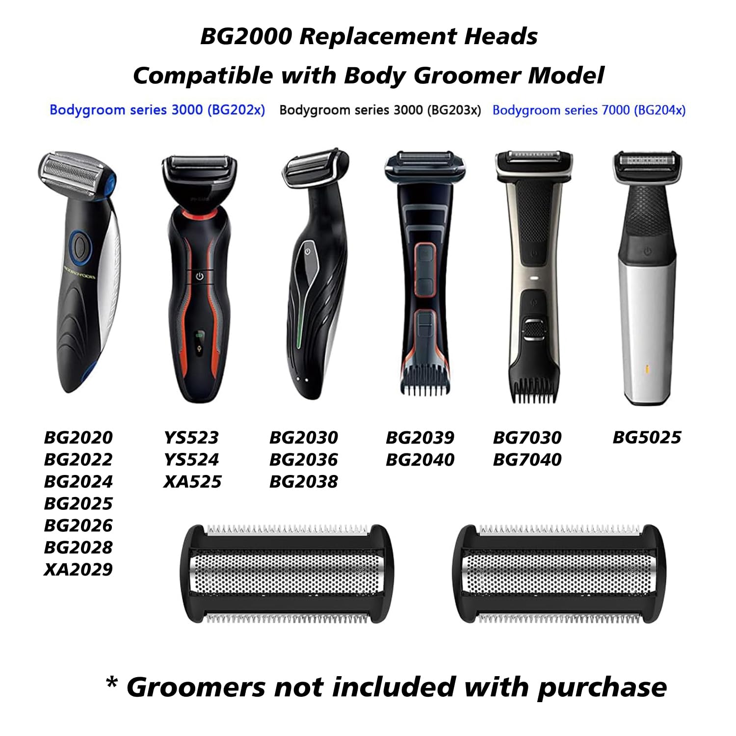 BG2000 Replacement Heads Compatible with Philips norelco bodygroom 7000, 2 Pack Bodygroom Replacement Foil Heads for BG5025, BG7030, BG7040, BG2030, BG2040-Wet Dry Use