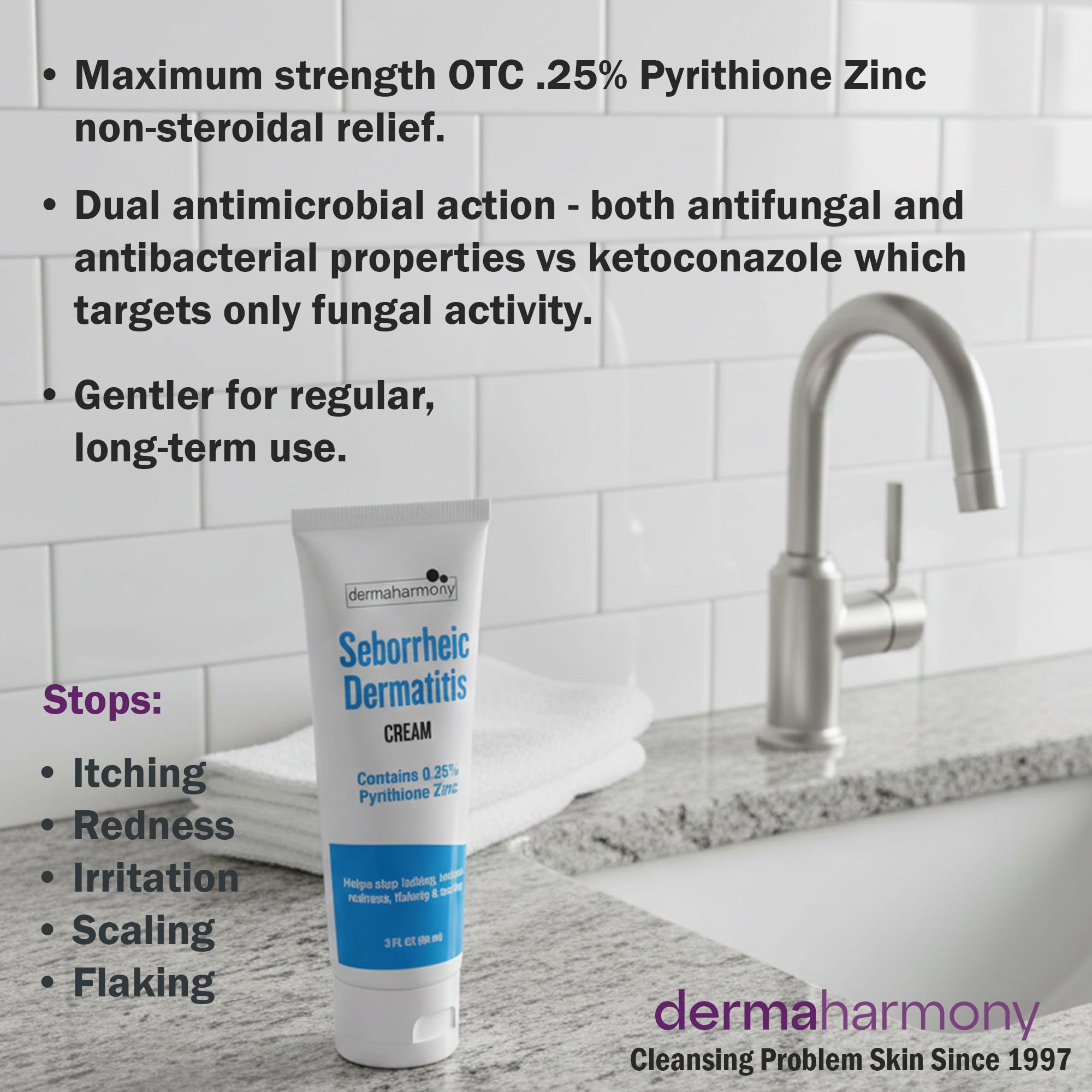 Dermaharmony Seborrheic Dermatitis Cream 3 fl oz (1 Tube) - Relieves Skin and Scalp Itching, Irritation, Redness, Flaking and Scaling - 0.25% Pyrithione Zinc