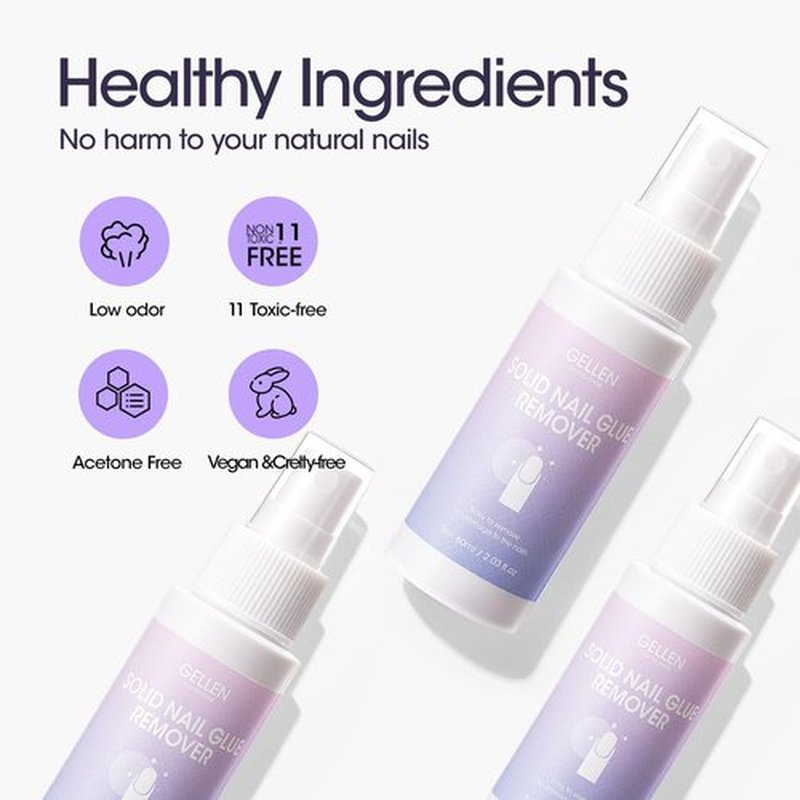 Gellen 2 Pack 60ML Solid Gel Nail Glue Remover Spray For Press-on Nails, Nail-friendly Glue-off Remover for Artificial False Acrylic Nails, Acetone Free Nail Glue Debonder with Stick
