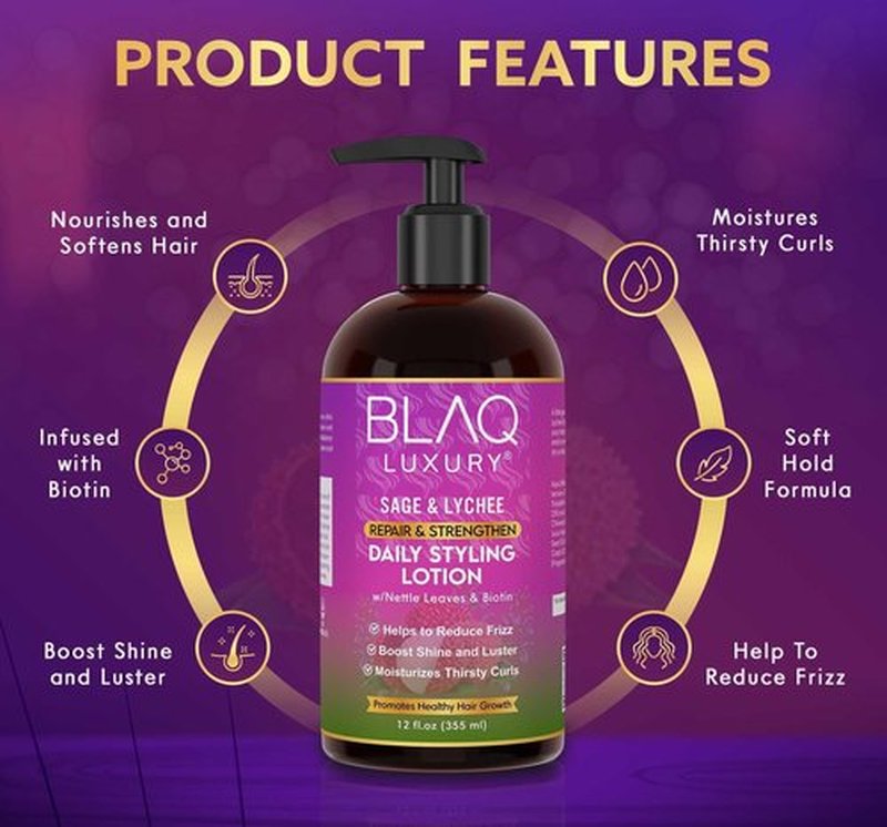 Blaq Luxury Sage & Lychee Daily Styling Lotion - Formula for Easy Styling and Frizz Control - Infused with Biotin and Natural Botanicals - Promotes Hair Repair, Growth, and Manageability - 12oz