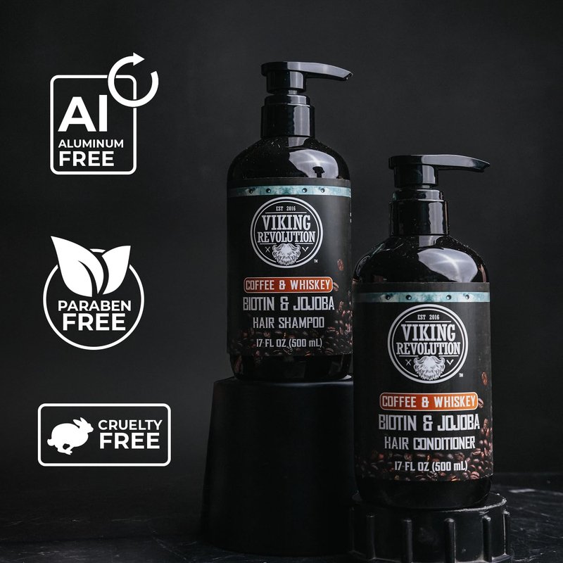 Viking Revolution Coffee Whiskey Mens Shampoo and Conditioner Set with Biotin and Jojoba Oil - Natural Hair Shampoo and Hair Conditioner for Men with Vitamin B5- Shampoo and Conditioner Set Men (17Oz)