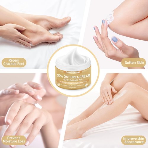 Grocerism Urea Cream 50 Percent for Feet 5.29 oz with Oat and 2% Salicylic Acid, Foot & Hand Cream included Hyaluronic Acid, Tea Tree and Aloe Vera for Deep Moisturizing, Callus Removing 2 Packs