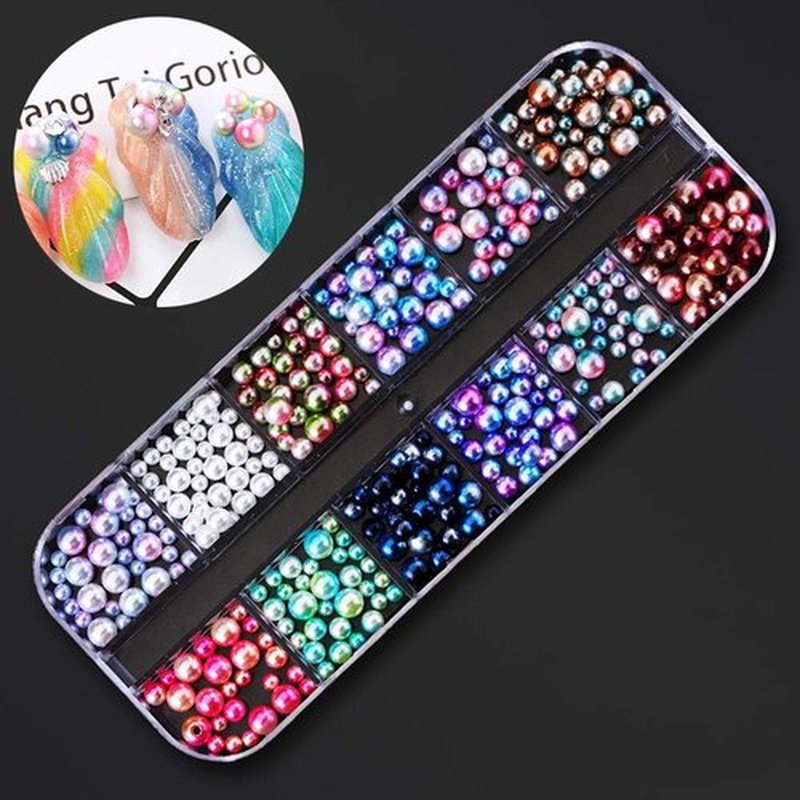 SILPECWEE 4 Boxes 3d Nail Charms Nail Rhinestones Rainbow Nail Pearls Gold Rose Golden Nail Jewels Caviar Beads Glass Crystals Nail Decoration with 1pc Tweezers, Picker Pencil