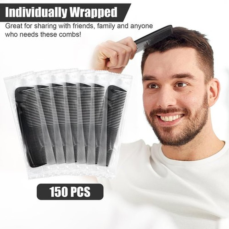 NICEMOVIC Hair Combs Bulk for Men 150 Pack, Homeless Supplies Bulk, Pocket Mens Wide Fine Tooth Beard Barber Travel Small Plastic Mini Comb Individually Wrapped for Hotel Charity Shelter (Black)