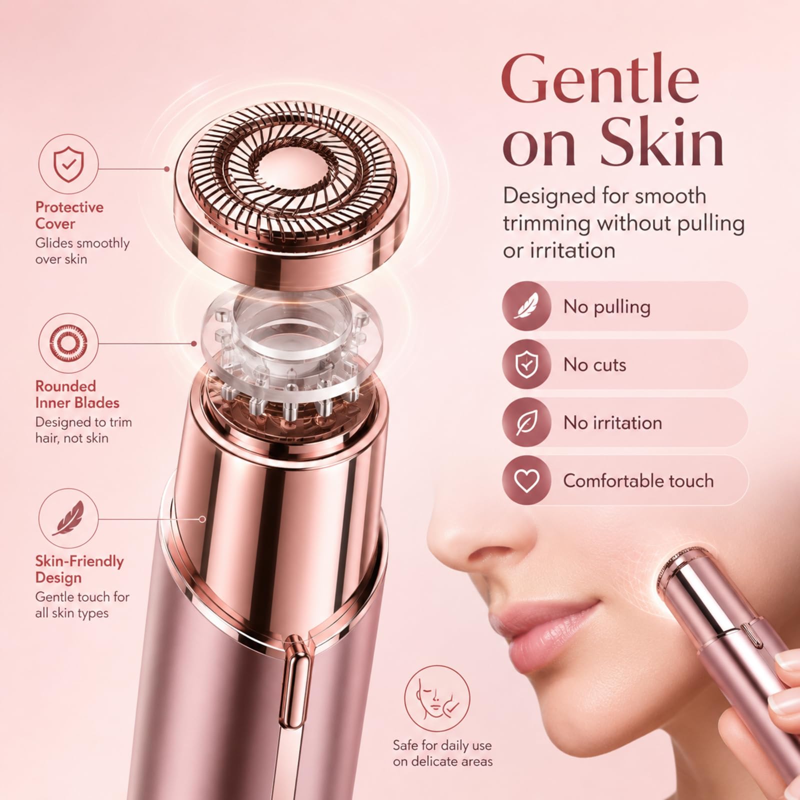 Flawless Facial Hair Removal for Women, Device, Remover Women Face, Finishing Touch Upper Lips, Chin & Cheeks, USB Rechargeable with LED LightIncluded Two Replacement Heads（Rose Gold）