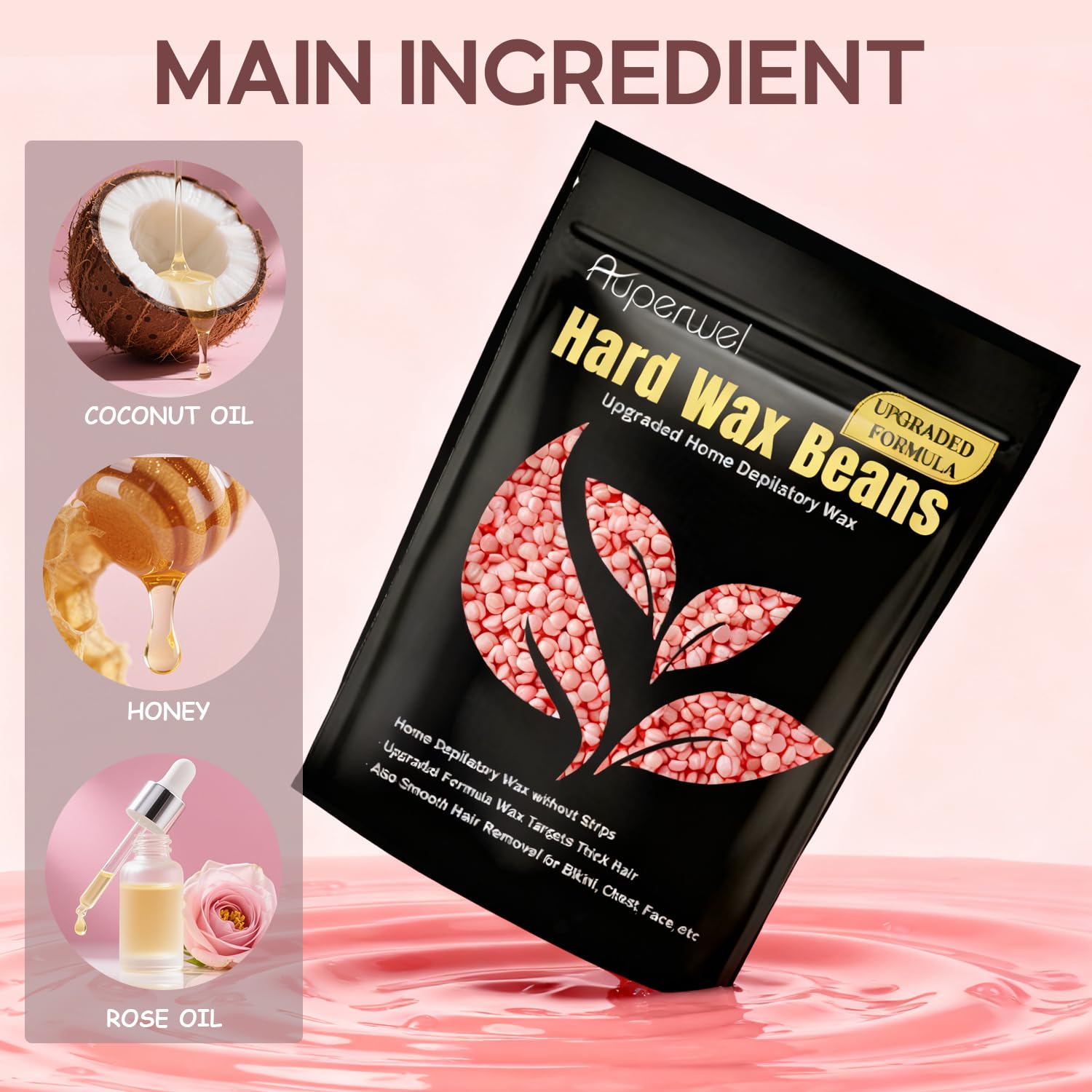 Auperwel Painless Hard Wax Beans for Hair Removal, 10.5oz Upgraded Formula for Face, Eyebrow, Brazilian Bikini with 10 Applicators (3 Rose)