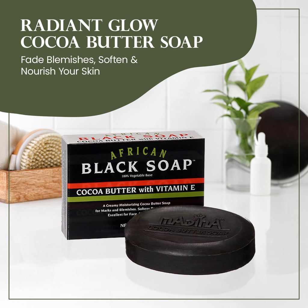 Madina African Black Soap Bar – Cocoa Butter, Vitamin E, Moisturizing, Skin-Restoring, Marks & Blemishes, Face & Body Cleanser, 100% Vegetable-Based, Halal, 6 Pack (3.5 oz Each)