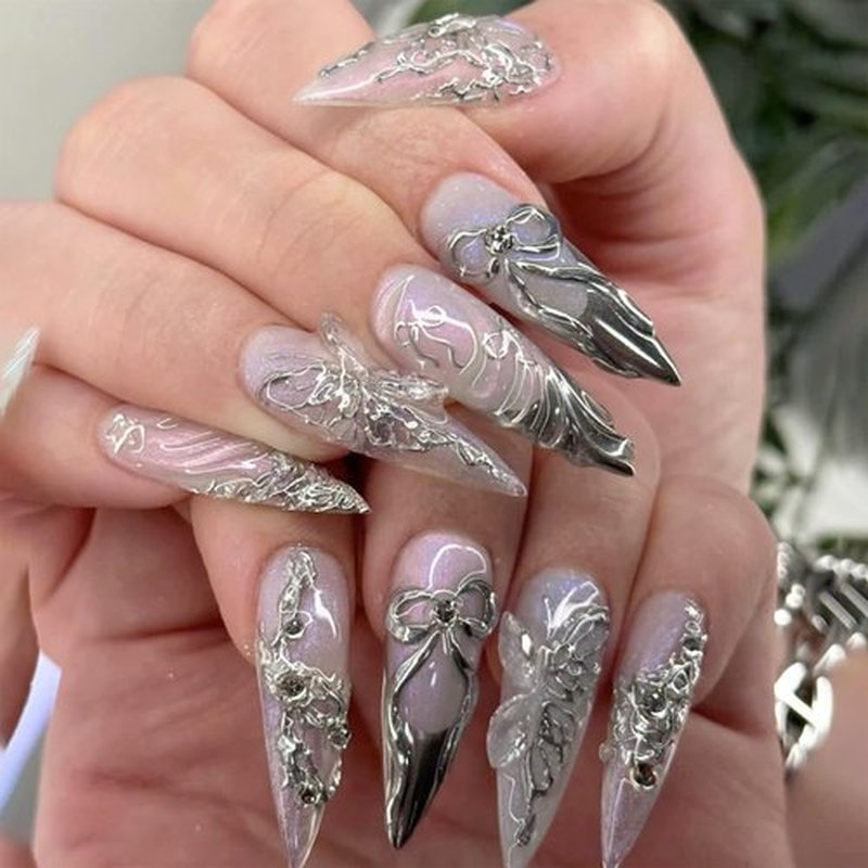Almond Press on Nails Silver Fake Nails 3D Embossed Artificial Nail Acrylic Stick on Nail for Women 24pcs
