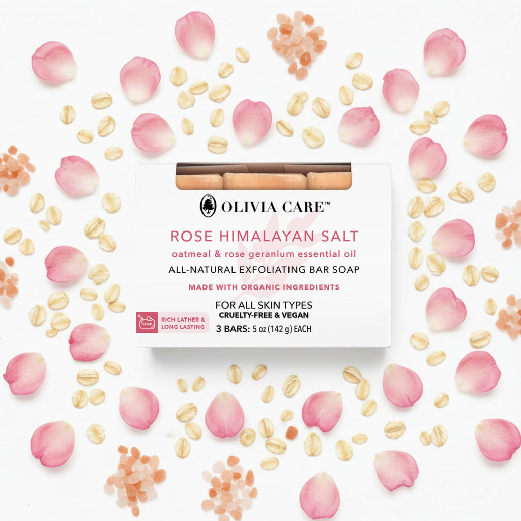 Olivia Care Exfoliating Bar Soap With Rose Himalayan Salt Natural & Organic - Infused w/Oatmeal & Rose Essential Geranium Oil - Moisturize, Detoxify, Hydrate - 3 X 5 OZ