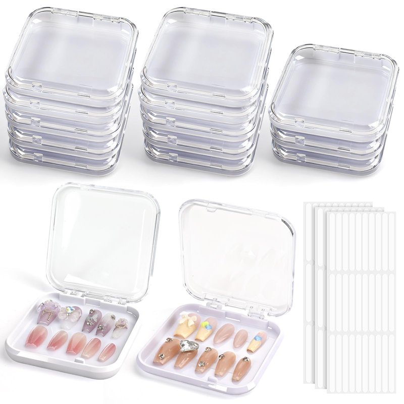 YINGJEE 15 Pcs Press On Nail Packaging Box Press on Nail Storage Box for Press Ons with 90 Pcs Adhesive Double Sided Tape for Fake Nail Storage Case Nail Display Nail Salon Supplies (White)