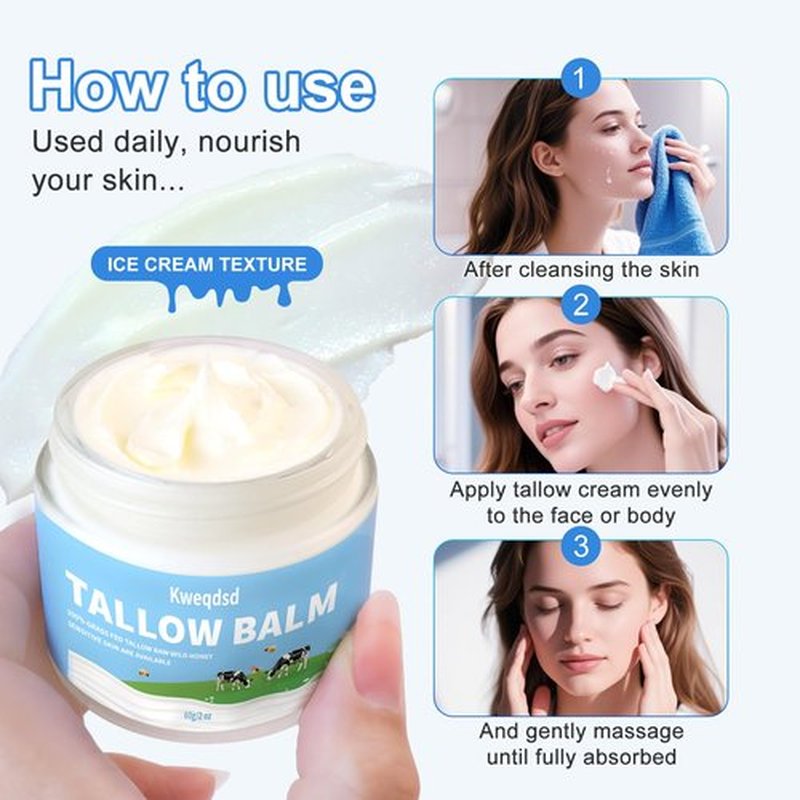 Kweqdsd 5 Pack Organic Grass-Fed Beef Tallow Balm with Raw Honey, Grass Fed Beef Tallow Face Moisturizer, Natural Tallow Skin Care Cream Body Butter, Nourish and Soothe Dry Skin