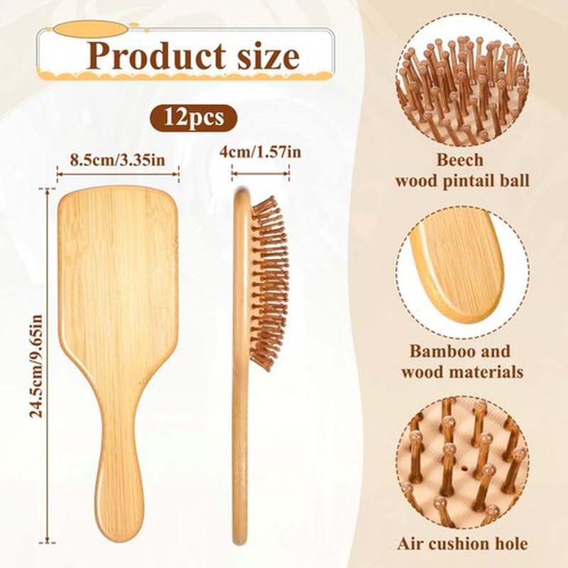 12-Pack Natural Bamboo Hair Brushes for Scalp Massage & Detangling, Anti-Static Wooden Paddle Brush with Ergonomic Handle and Bamboo Bristles, DIY Engraving Gifts for Women/Men/Kids, All Hair Types