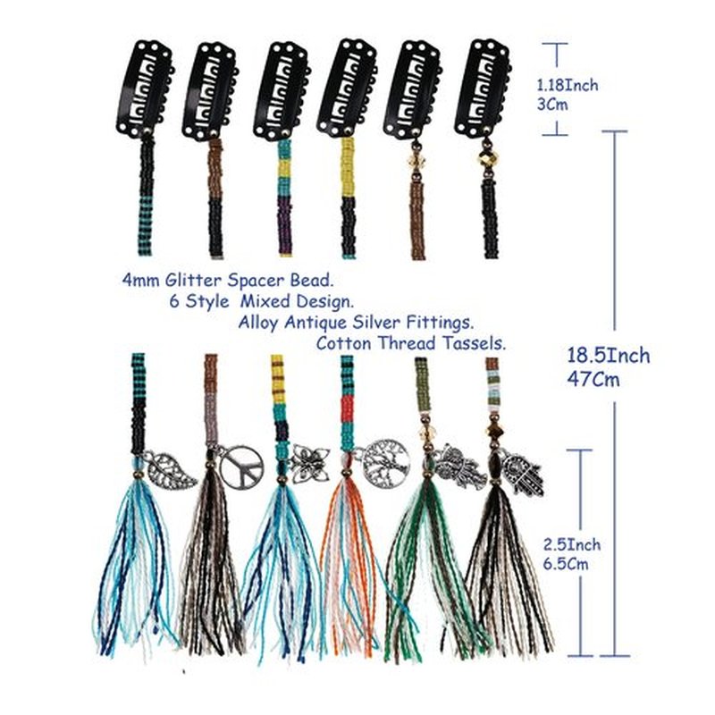 minihope 21 Inch Bright Spacer Bead Hair Wrap Set with Tassels, Hair Clips, and Retro Charm - 6 Styles for Women and Girls.