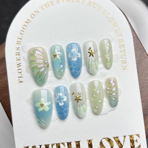 NSSHEL 30 Pcs Medium Almond Art Deco Press-On False Nails with Flower & Droplet Designs Summer Starfish Full Cover French Tip Gradient Acrylic Nails Glue-On Nails for Women