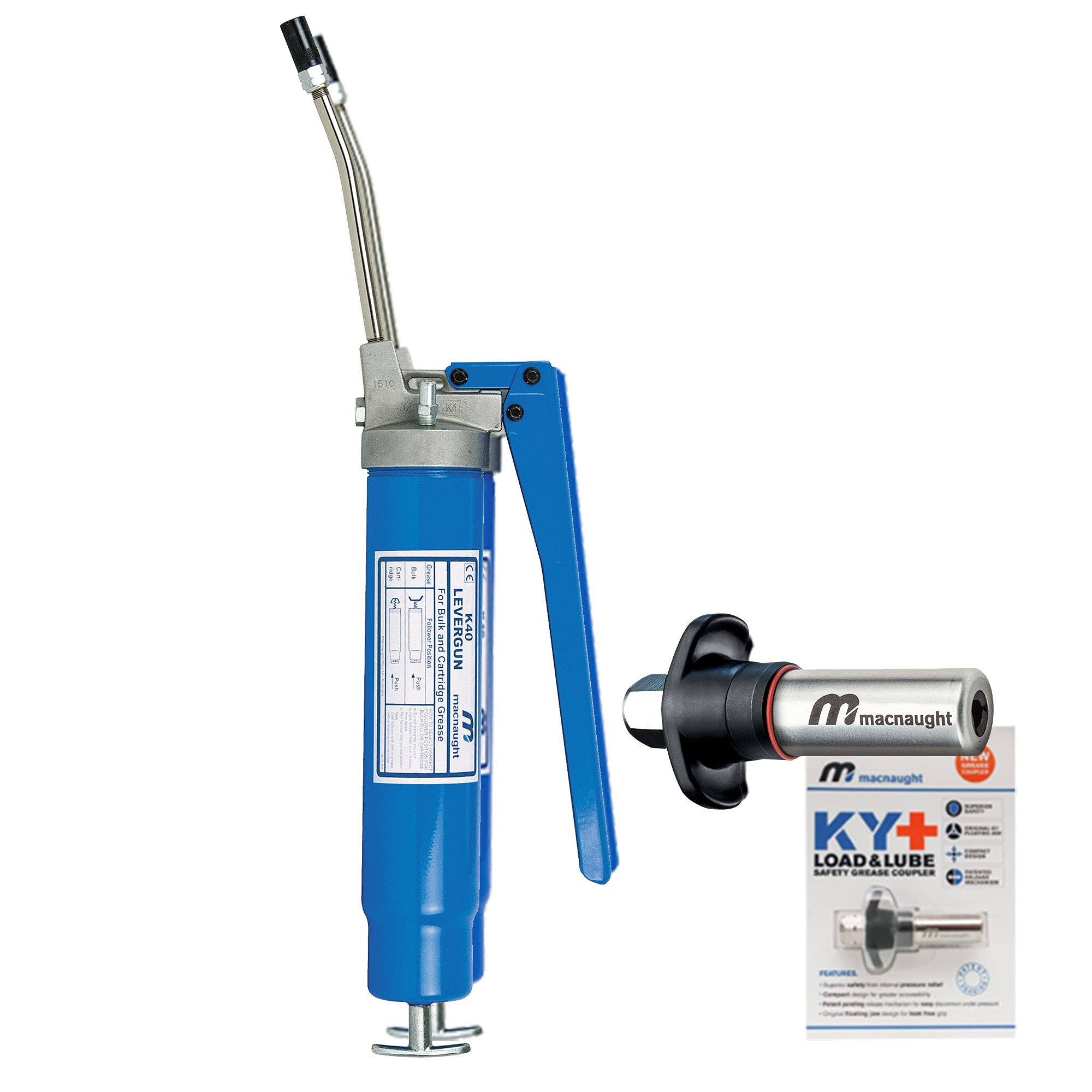 Macnaught Heavy-Duty High Pressure Lever Grease Gun with 10 Year Performance Warranty. Includes Our Patented KYPLUS® Locking Grease Coupler (Locks on Tight, Won't Leak!)