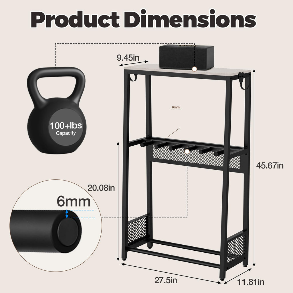 JollyJive 5-Guitar Stand Floor with Wood Storage Shelf, 27.8lbs Heavy Duty Multi-Guitar Rack Holder (1.2mm Steel Tubes), Patented 3-Sided Mesh Shield for Acoustic, Electric & Bass, Premium Studio Furniture,Gray
