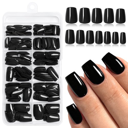 Lifextol 240pc Black Coffin Press on Nails Short Fake Nails Press ons for Women Acrylic Nail Presson Nail&Glue Tabs, Short Black Fingernails Coffin False Fingernail Tip Stick on Artificial Fingernail