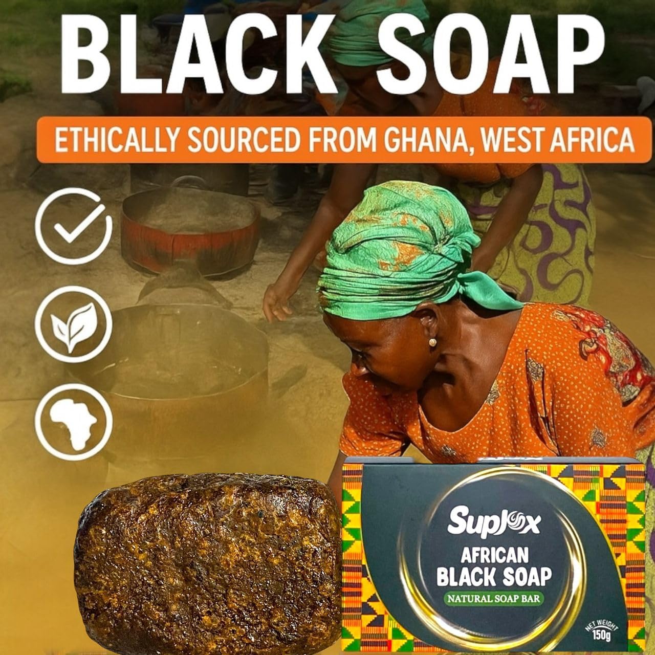 Suplox African Black Soap Bar – African Soap for oily Skin, Ghana Black Face & Body Wash | Face and Body moisturizing cleanser 1 Count.