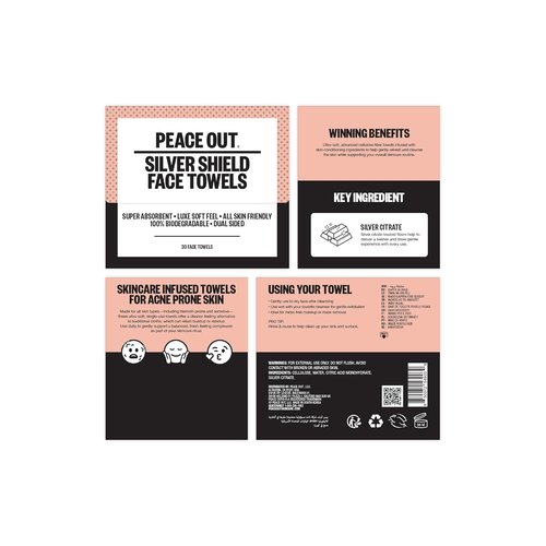 Peace Out Silver Shield Face Towels - Disposable, Biodegradable, Super Absorbent for Sensitive Skin | 30 Count
