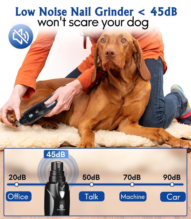 Petsaunter Dog Nail Grinder, 2-Speed and LED Light, Touch-Switch, TypeC, Quiet and Low-Vibration Dog Nail Trimmers, and 3 Ports for Large Dogs, Medium, Small Dogs Cats Pets with Hard or Thick Nail