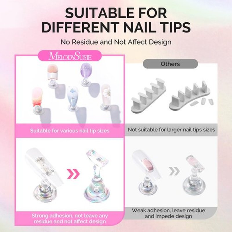 MelodySusie Nail Stand for Press Ons, White Shiny Acrylic Magnetic Base for Painting Display with Brush Holder and 100 Pcs Reusable Double-Sided Tape for Home DIY Salon Supplies
