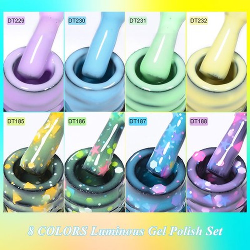 MEET ACROSS 8Pcs Glow in the Dark Gel Nail Polish Set, Macaroon Glows in the Dark Nail Polish Blue Green Yellow Purple Glow Effect Candy Sequins Gel Polish Manicure Holiday Gift