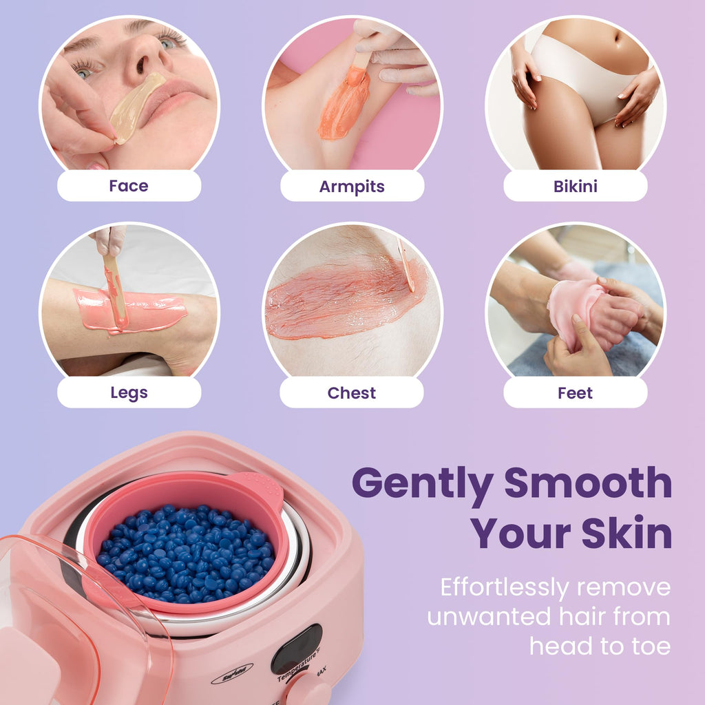 Sunvivi Wax Kit Digital Hair Removal Waxing Kit for Women & Men, Hot Wax Warmer Pot with 5 Bag Hard Wax Beads, Wax Melt Warmer Kit for Full Body, Legs, Face, Bikini,Sensitive skin, Pink
