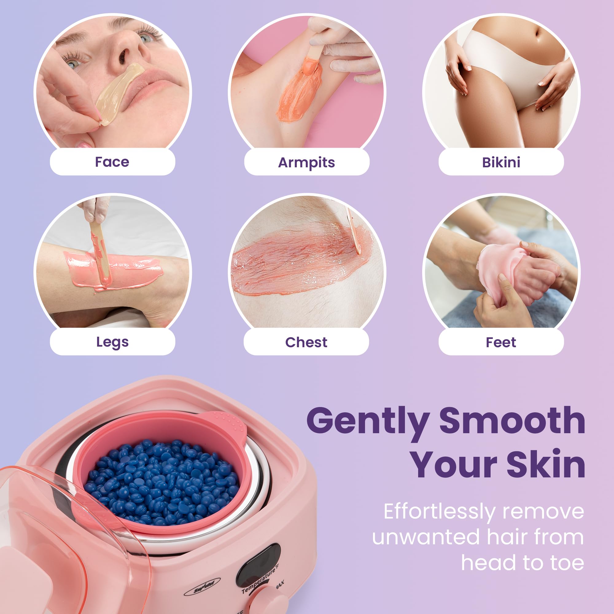 Sunvivi Wax Kit Digital Hair Removal Waxing Kit for Women & Men, Hot Wax Warmer Pot with 5 Bag Hard Wax Beads, Wax Melt Warmer Kit for Full Body, Legs, Face, Bikini,Sensitive skin, Pink