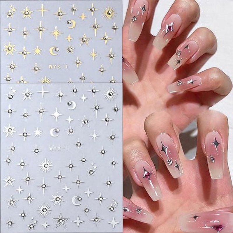 Shiny Moon Star Nail Stickers - 3D Glitter Crystal Nail Decals, Gold & Silver Nail Art Stickers, Self-Adhesive Luxury Rhinestones, Stars & Charms for DIY Nail Supplies