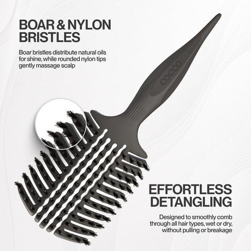 COCCO Aura Vent Boar Brush | Vented Dual-Curved Design for Faster Drying, Effortless Detangling & Shine, Boar + Nylon Bristles, Ergonomic Comfort Handle for Wet & Dry Hair Styling - Black