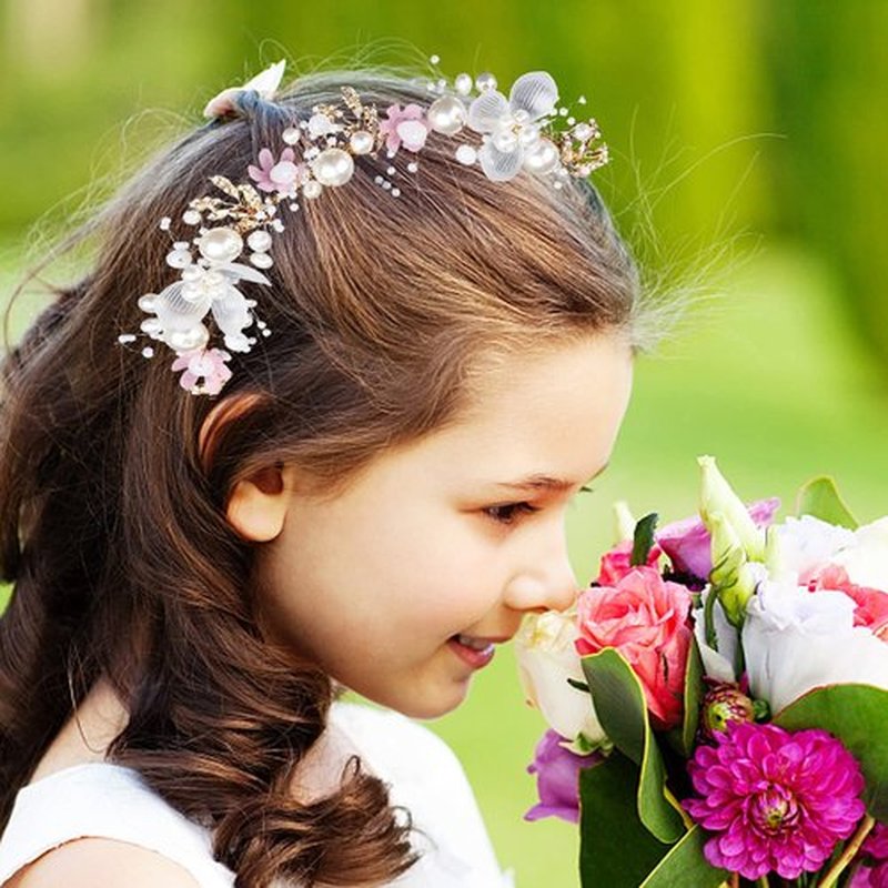 LAPOHI 2 Pieces Wedding Flower Headpieces, Pink Adjustable Hairband with Rhinestones, Pearl, Fairy Crown, Tiara for Girls, Women, Flower Girls, Bridesmaids