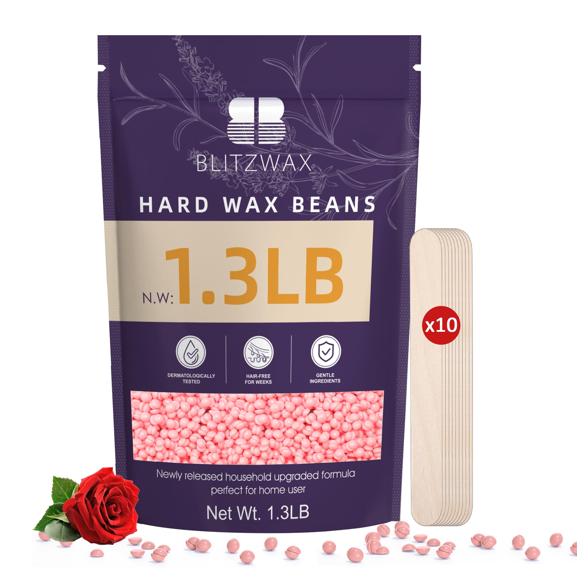 BLITZWAX Rose Wax Beads for Hair Removal 1.3lb Hard Wax Beans for Sensitive Skin, with 10 Wooden Sticks for Bikini, Face and Brazilian, Suitable for Women Men at Home Salon