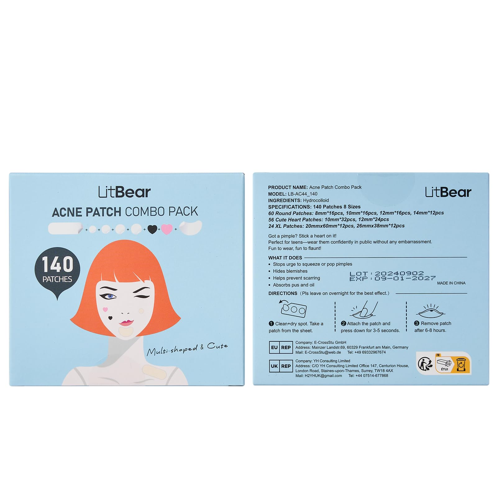 LitBear Acne Pimple Patch, 8 Sizes 140 Pcs Hydrocolloid Acne Patches with Storage Box, 24 XL Pimple Patches for Face, Chin, Nose, 4 Shapes Zits Patches for Blemish, dots with Tea Tree Oil & Cenrella