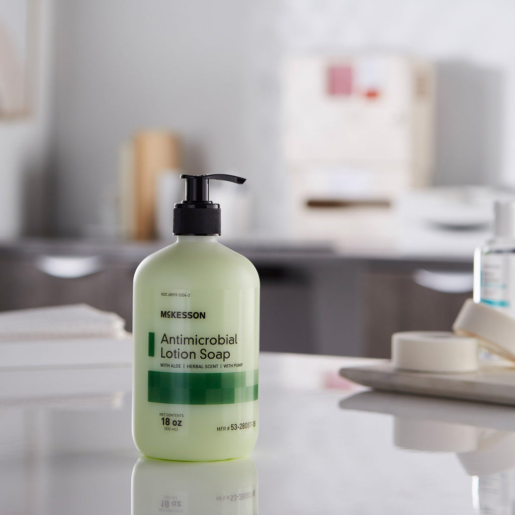 McKesson Antimicrobial Lotion Hand Soap with Aloe, 18 oz Pump Bottle [Pack of 1] - Herbal Scent, Keeps Hands Clean and Moisturized, Medical-Grade Soap