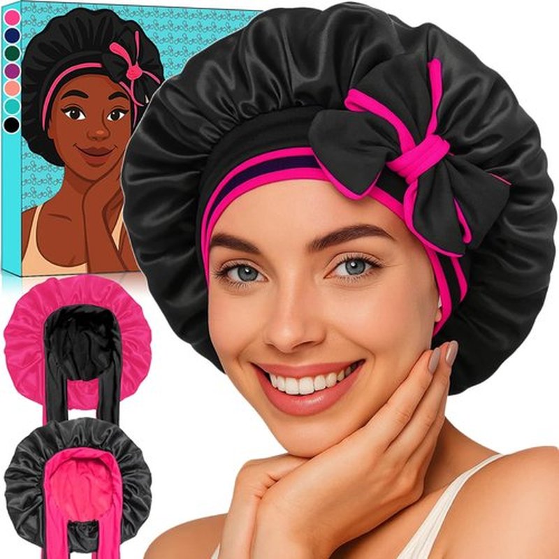 Atgdluk® Reversible Silk Bonnet for Sleeping Women - Double Layer & Color Satin Bonnet, Adjustable Hair Cap for Curly & Textured Hair (Rose Red & Black)